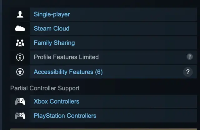 Steam lists PlayStation Controllers under Emberville Partial Controller Support