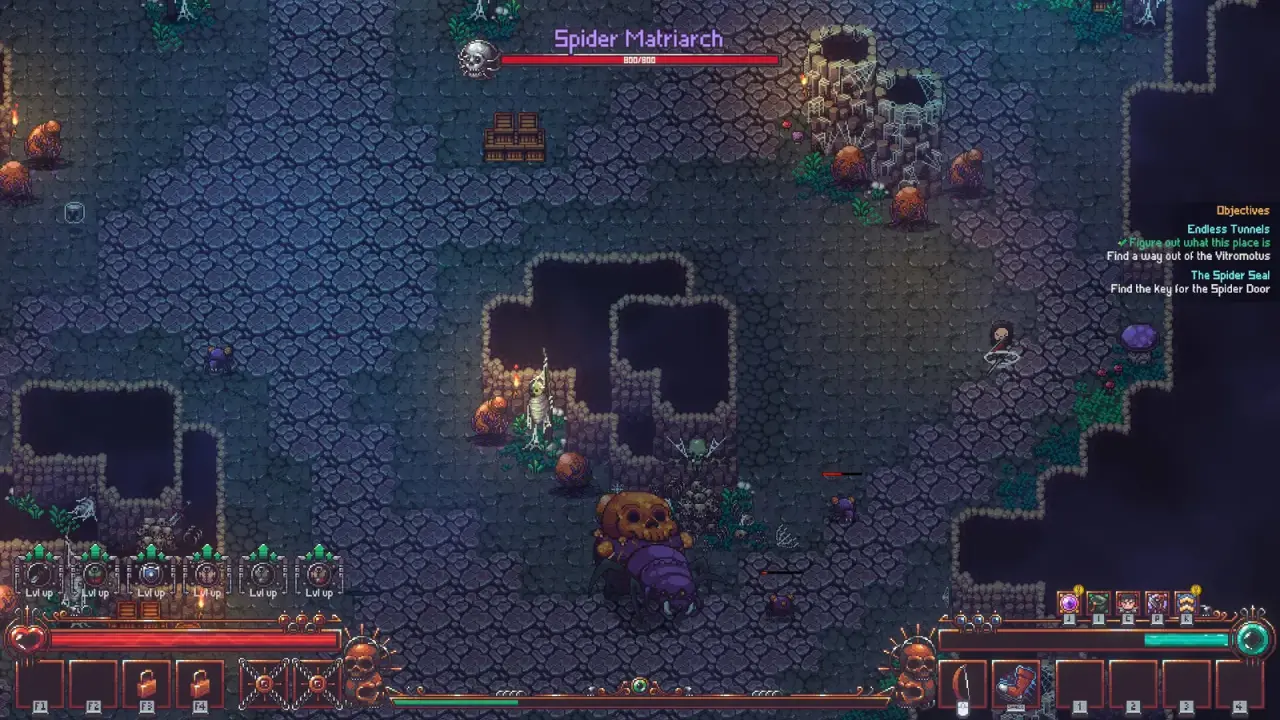 Emberville player and Spider Matriarch separated by open cavern floor