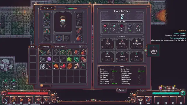 Emberville equipment, inventory and character statistics used to compare individual gear