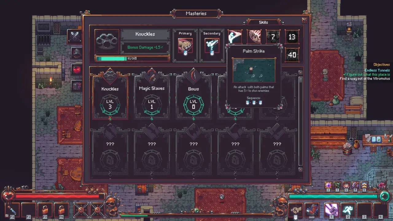 Emberville Masteries panel showing Knuckles, Magic Staves and Bows categories