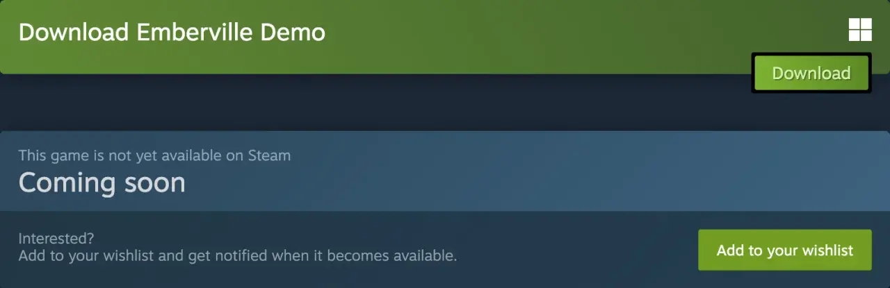 Steam shows the public Emberville Demo separately from the unreleased main game