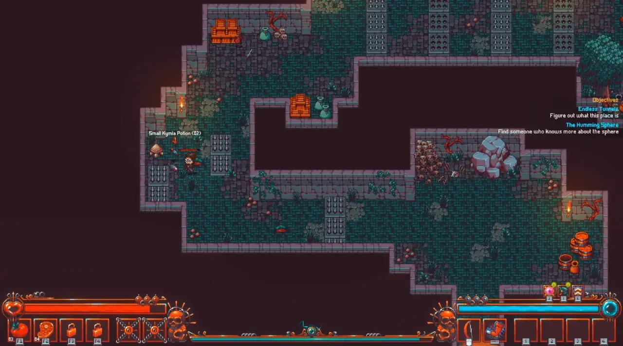 Emberville playable dungeon with the character, dropped items and HUD visible